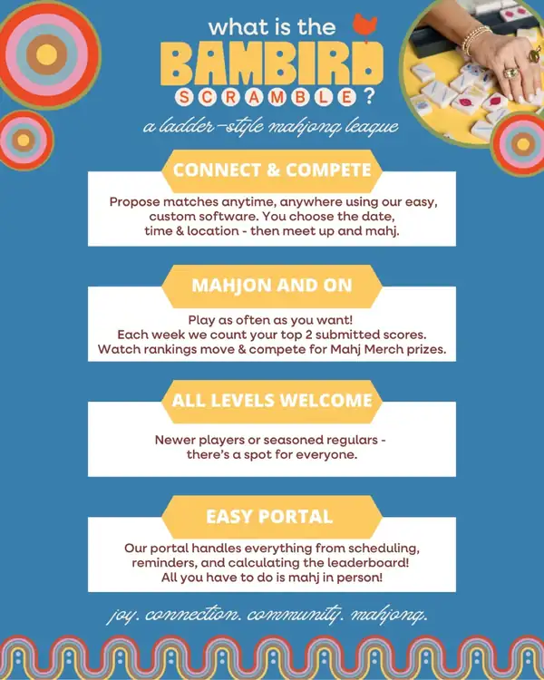 What is the Bambird Scramble? Connect & Compete, Mahjon and On, All Levels Welcome, Easy Portal