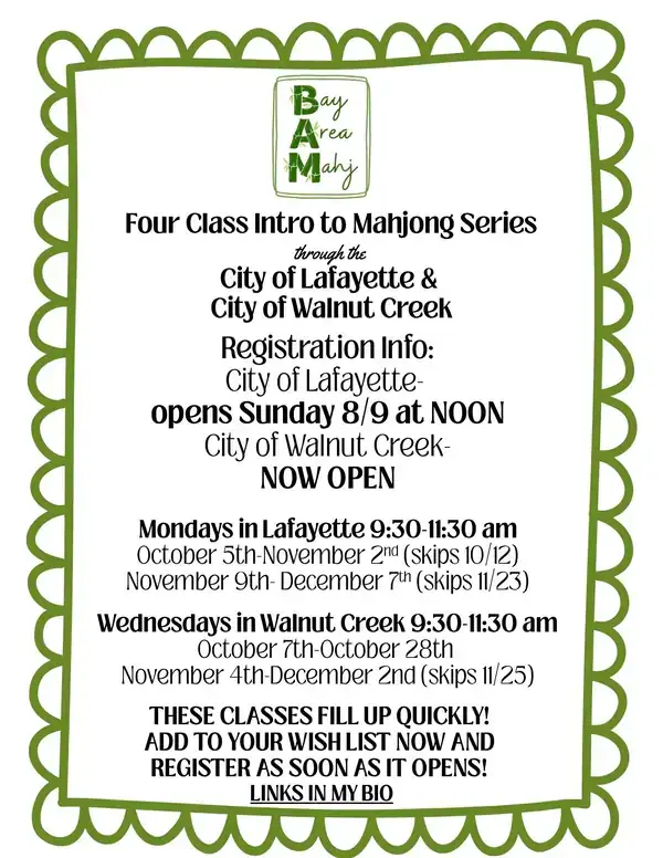 Four Class Intro to Mahjong Series through City of Lafayette and Walnut Creek recreation departments