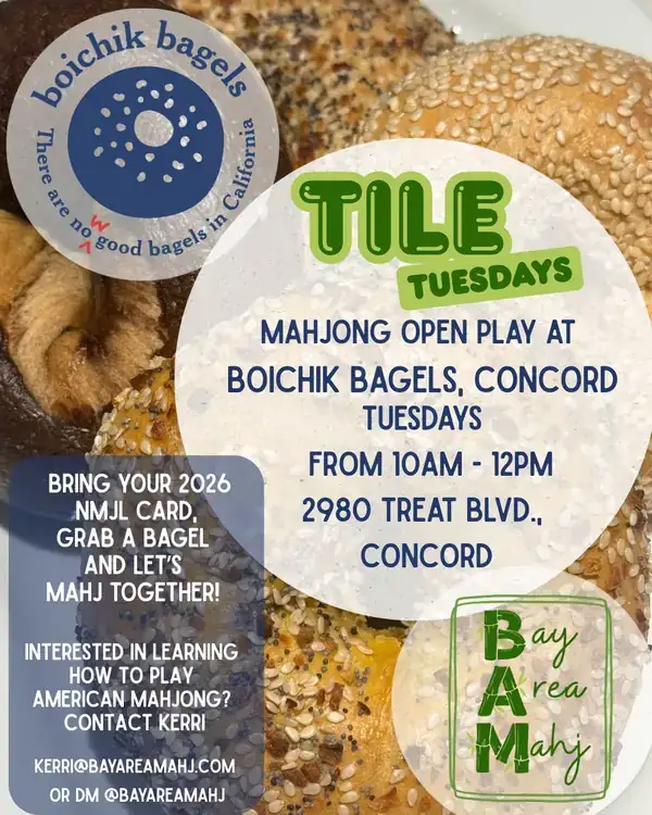 Looking for a weekday mahjong game? Join us every Tuesday morning from 10 am-12pm outside Boichik Bagels in Concord