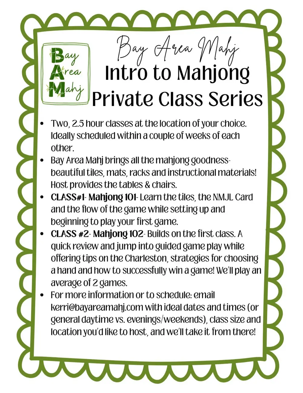 Bay Area Mahj Intro to Mahjong Private Class Series - two 2.5 hour classes